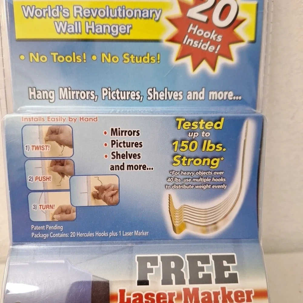 NEW Sealed, Package of 20 Hercules Hooks Wall Picture Hangers BONUS Laser Marker